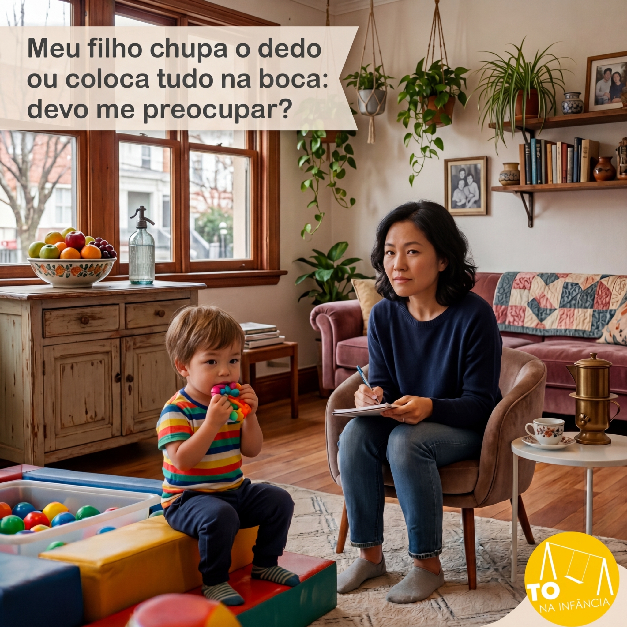 criança colocando brinquedo na boca durante brincadeira